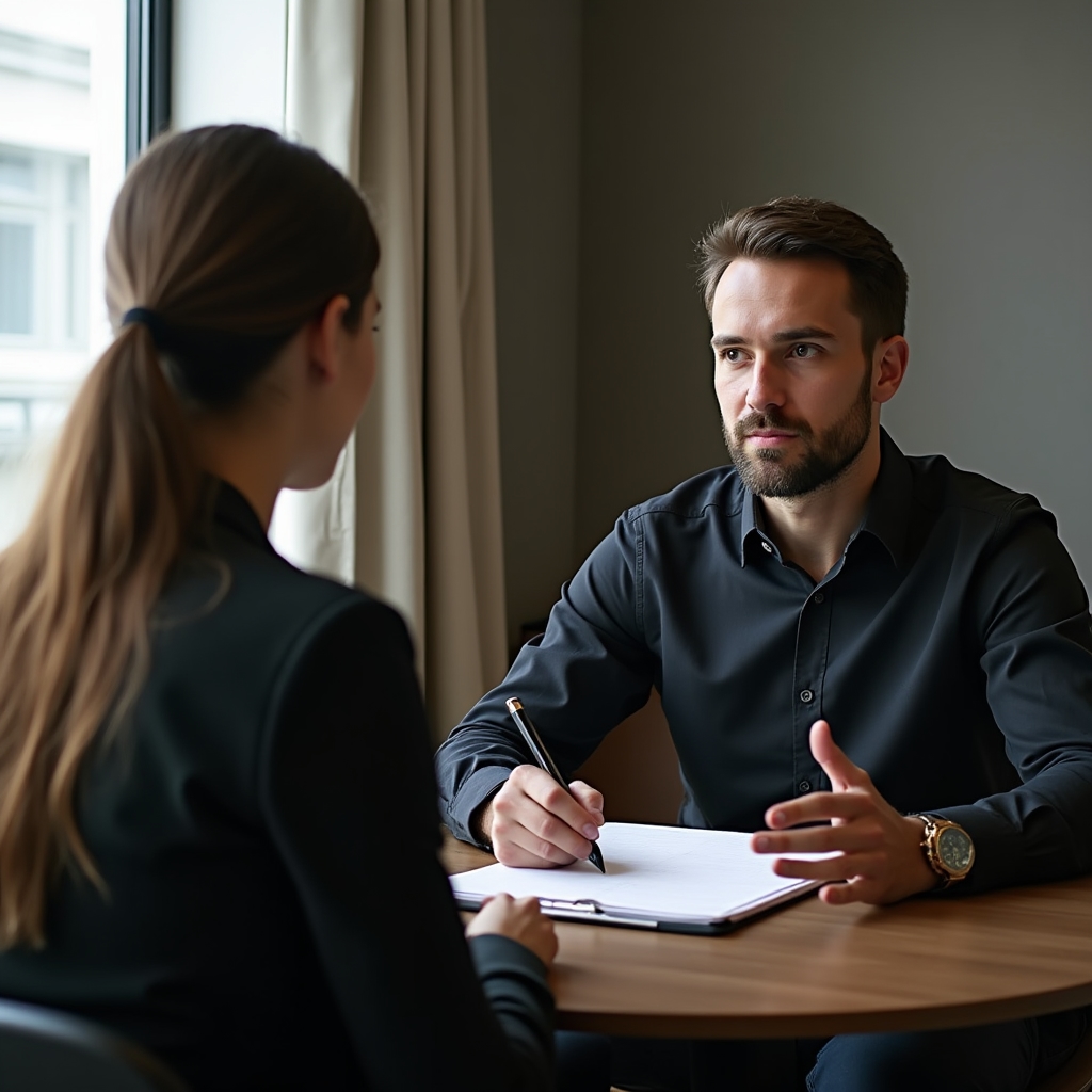 Consultant conducting interview session with sales team member