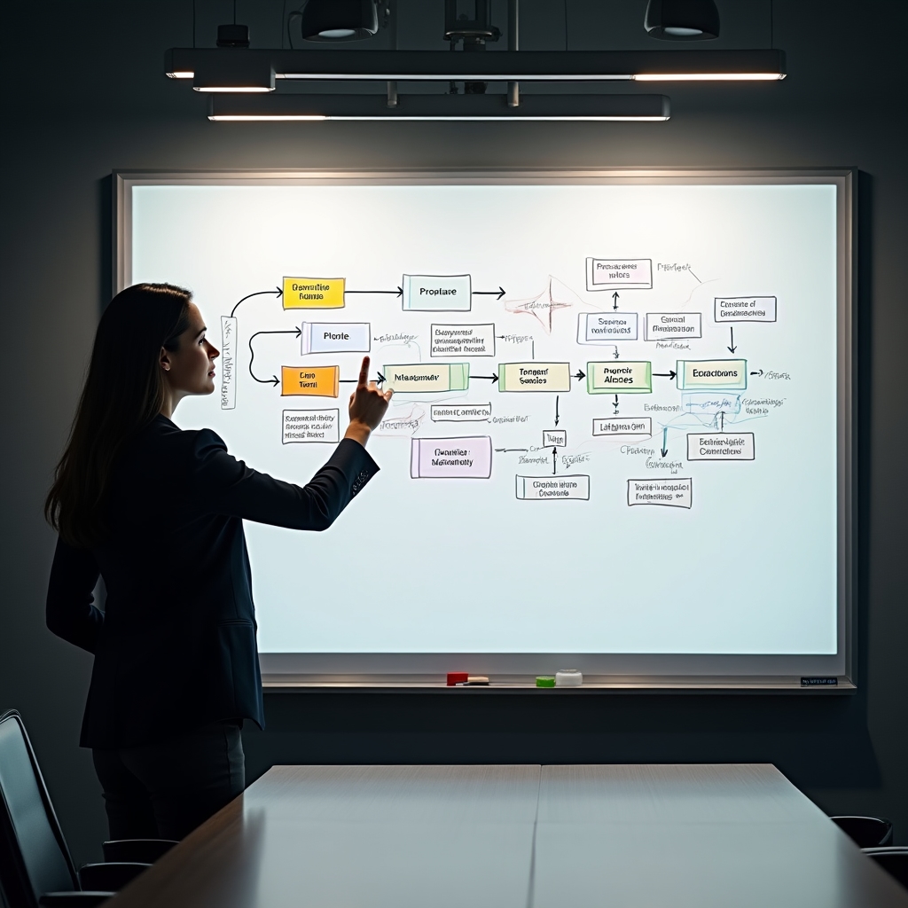Sales process flowchart on whiteboard