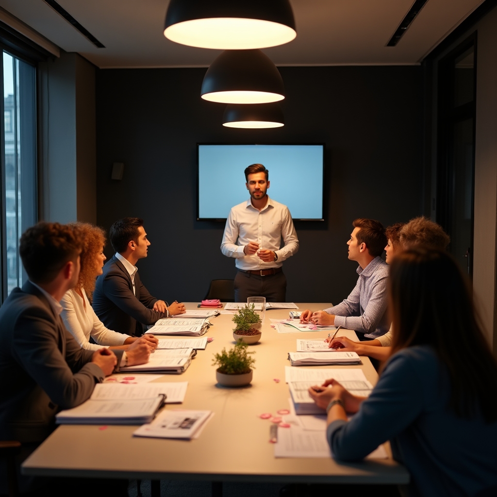 Team implementation workshop with group around conference table